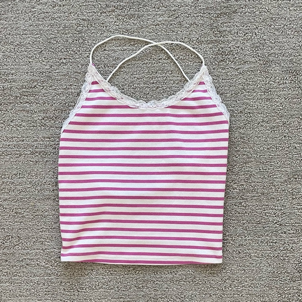American Eagle women’s pink stripe white camisole lace coquette spring summer